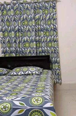 Ash King Size Bedsheet set with two Pillow Covers and Curtain porda