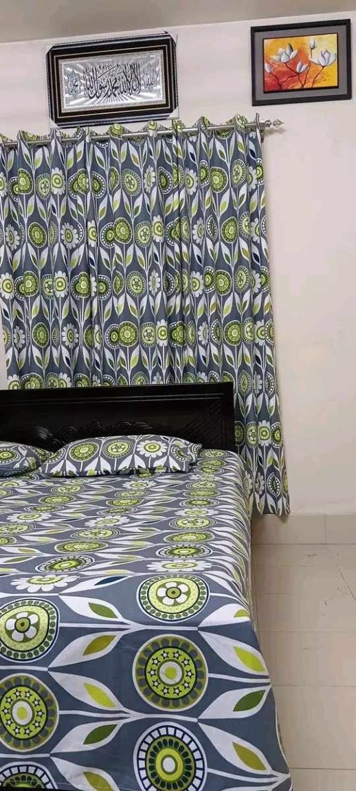 Ash King Size Bedsheet set with two Pillow Covers and Curtain porda