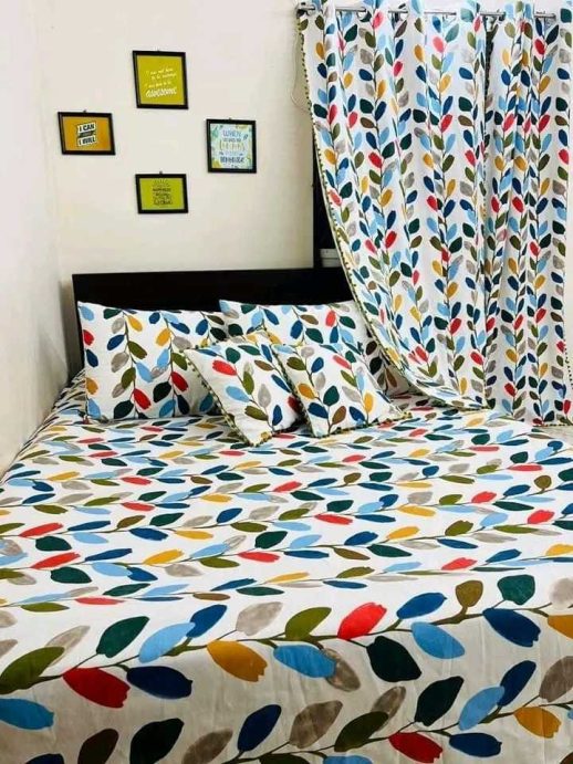 Multicolor King Size BedSheet Pillow with curtain